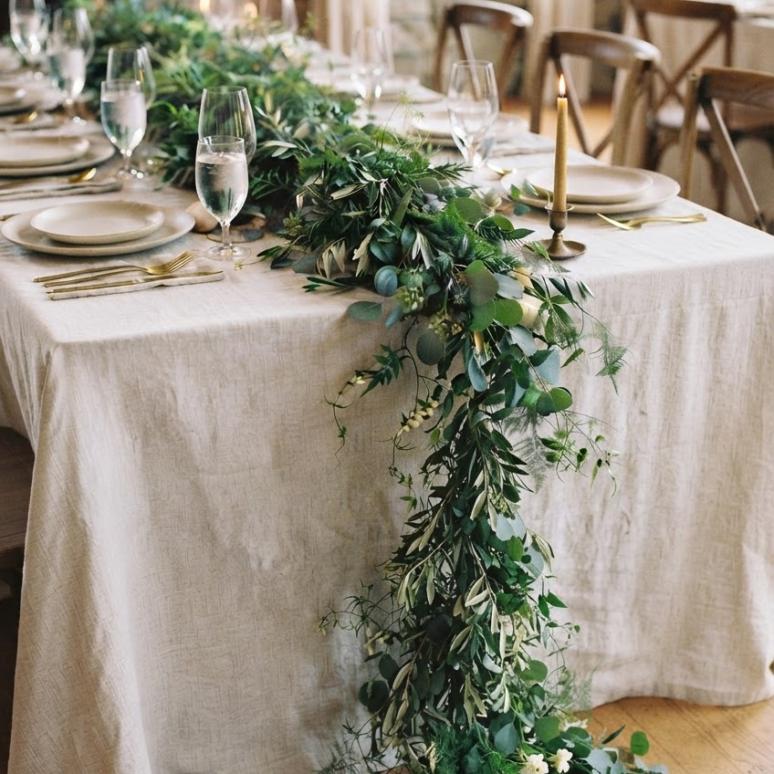 Bound Garland Bound Garland placed on table as a garland for a wedding tablescape. Lush bound wedding table garland with eucalyptus and candles
